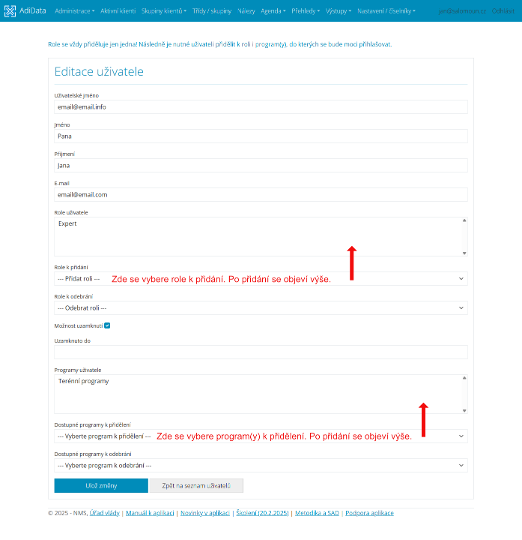 Editace uživatele - role a programy